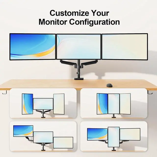 Alt view image 5 of 7 - MOUNT PRO Triple Monitor Mount, 3 Monitor Desk Mount for Three Screens up to 32 Inch, Full Motion Gas Spring Heavy Duty Arm Hold up to 17.6lbs Each, Black
