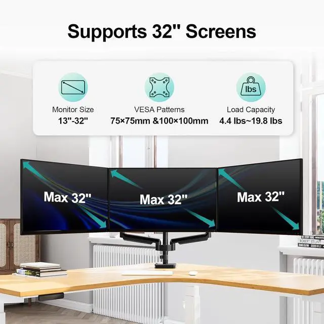 Alt view image 7 of 7 - MOUNT PRO Triple Monitor Mount, 3 Monitor Desk Mount for Three Screens up to 32 Inch, Full Motion Gas Spring Heavy Duty Arm Hold up to 17.6lbs Each, Black