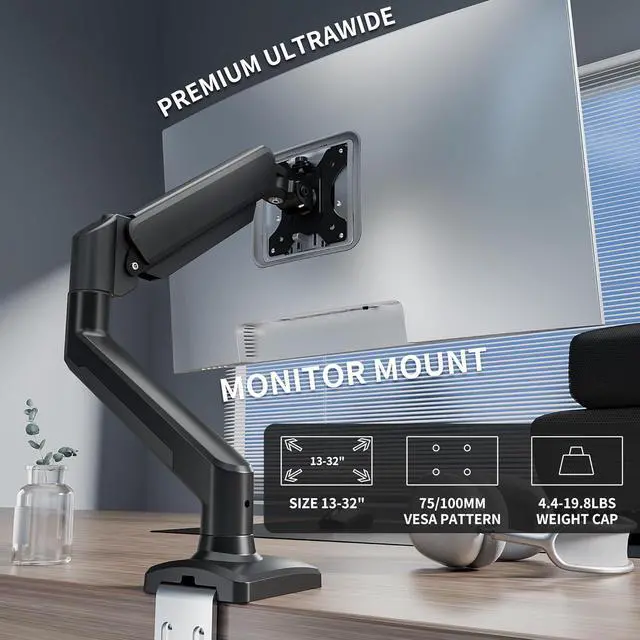 Alt view image 2 of 7 - Single Monitor Desk MountGas Spring Monitors Arm for 17-32 inch Screens,Adjustable Computer Monitors Stand up to 4.4 to 19.8 lbs,Vesa Mount with Clamp and Grommet Base, VESA 75 & 100mm