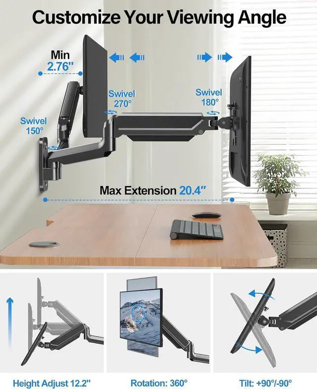 Alt view image 3 of 7 - MOUNTUP Dual Monitor Wall Mount for 2 Max 32 Inch Computer Screen, Fully Adjustable Gas Spring Double Monitor Arm, Wall Mounted Monitor Holder Support 4.4-19.8lbs Display, VESA Bracket 75x75, 100x100