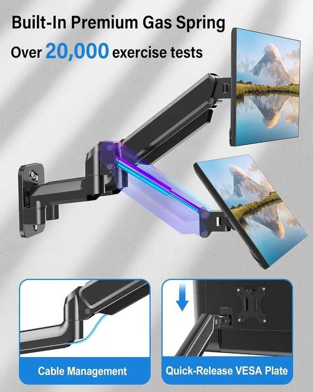Alt view image 5 of 7 - MOUNTUP Dual Monitor Wall Mount for 2 Max 32 Inch Computer Screen, Fully Adjustable Gas Spring Double Monitor Arm, Wall Mounted Monitor Holder Support 4.4-19.8lbs Display, VESA Bracket 75x75, 100x100