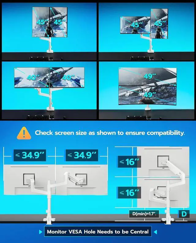 Alt view image 3 of 7 - ARES WING Dual Monitor Arm for Ultrawide Heavy Duty Curved Monitor Stacking, Fits 17-49 Inch, Vertical Gas Spring Double Monitor Mount with USB, Adjustable Dual Monitor Mount for Desk, White