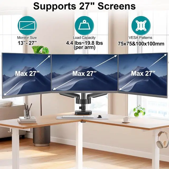 Alt view image 3 of 7 - MOUNT PRO Triple Monitor Mount for 13-27 inch Screens, 3 Monitor Desk Mount, Gas Spring Triple Display Stand, Full Motion Three Computer Arm Hold up to 17.6lbs Each, VESA 75x75, 100x100