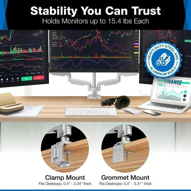 Alt view image 5 of 7 - Mount-It! Triple Monitor Mount with USB and Audio Ports, 3 Monitor Desk Mount, Balanced Height Adjustable Triple Display Stand for Three Computer Screens 24 27 30 32 Inch VESA Screens, Gaming, Office