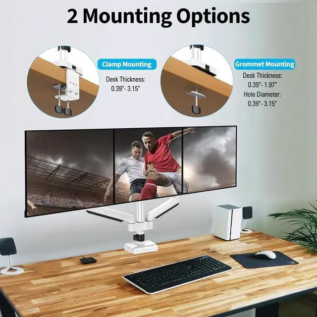 Alt view image 5 of 7 - MOUNTUP Triple Monitor Mount for 17-32 inch Screens, Full Motion Triple Monitor Stand, Gas Spring 3 Arm Desk Mount Holds 4.4-19.8 lbs Each, Clamp & Grommet Mounting, White