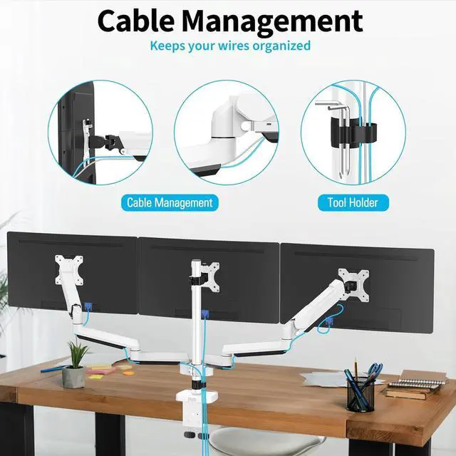 Alt view image 7 of 7 - MOUNTUP Triple Monitor Mount for 17-32 inch Screens, Full Motion Triple Monitor Stand, Gas Spring 3 Arm Desk Mount Holds 4.4-19.8 lbs Each, Clamp & Grommet Mounting, White