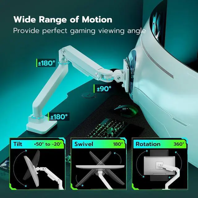 Alt view image 4 of 7 - ARES WING Ultrawide Monitor Arm White for 17 to 49 Inch Heavy Duty Curved Screen, Holds 44 Lbs, Adjustable Gas Spring Monitor Arm Desk Mount with C Clamp, Grommet Base, 75/100 Vesa Mount