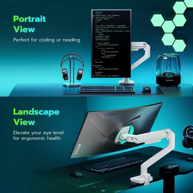 Alt view image 6 of 7 - ARES WING Ultrawide Monitor Arm White for 17 to 49 Inch Heavy Duty Curved Screen, Holds 44 Lbs, Adjustable Gas Spring Monitor Arm Desk Mount with C Clamp, Grommet Base, 75/100 Vesa Mount