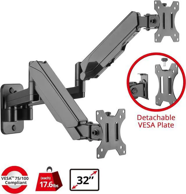 Alt view image 2 of 7 - SIIG Dual Arm Monitor Wall Mount for 17" to 32" Screens, Up to 17.6lbs per Monitor, Heavy Duty Aluminum Gas Spring with Rotation, Tilt, Swivel, VESA 75x75 or 100x100 (CE-MT2M12-S1)
