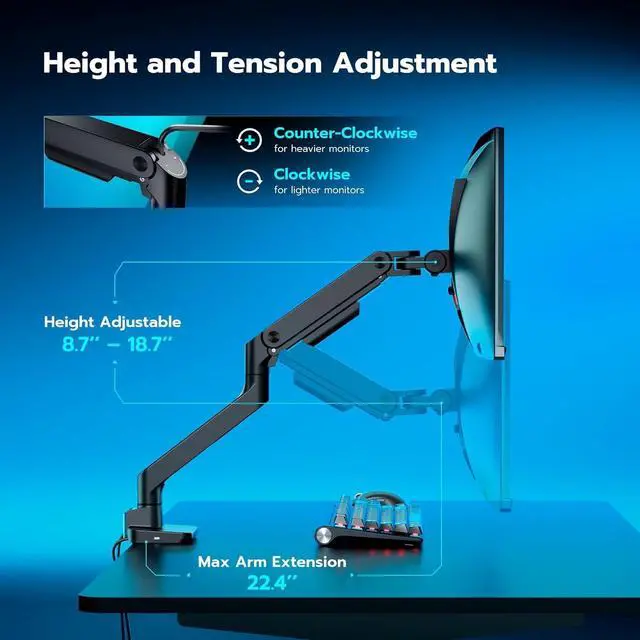 Alt view image 6 of 7 - ARES WING Ultrawide Monitor Arm with USB A/C, for 17 to 49 inch Heavy Duty Screen, Holds 44 lbs, Adjustable Gas Spring Arm Desk Mount with Clamp and Grommet Base, Black