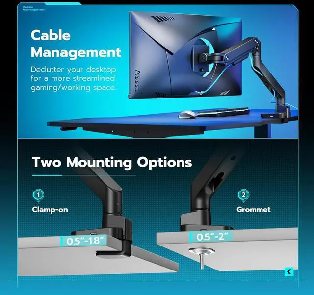 Alt view image 7 of 7 - ARES WING Ultrawide Monitor Arm with USB A/C, for 17 to 49 inch Heavy Duty Screen, Holds 44 lbs, Adjustable Gas Spring Arm Desk Mount with Clamp and Grommet Base, Black