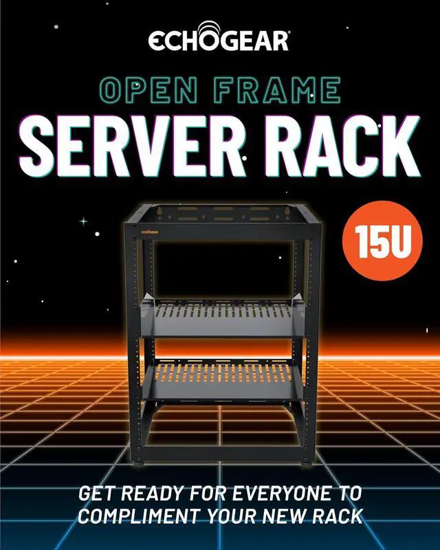 Alt view image 2 of 7 - ECHOGEAR 15U Open Frame Rack for Servers & AV Gear - Wall Mountable Design Includes 2X Vented Shelves, 25x Rack Mounting Screws, 4X Leveling Feet, 4X Shelf Stops, & 2X Securement Straps