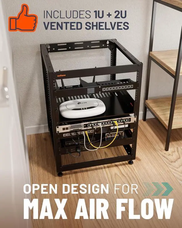 Alt view image 3 of 7 - ECHOGEAR 15U Open Frame Rack for Servers & AV Gear - Wall Mountable Design Includes 2X Vented Shelves, 25x Rack Mounting Screws, 4X Leveling Feet, 4X Shelf Stops, & 2X Securement Straps