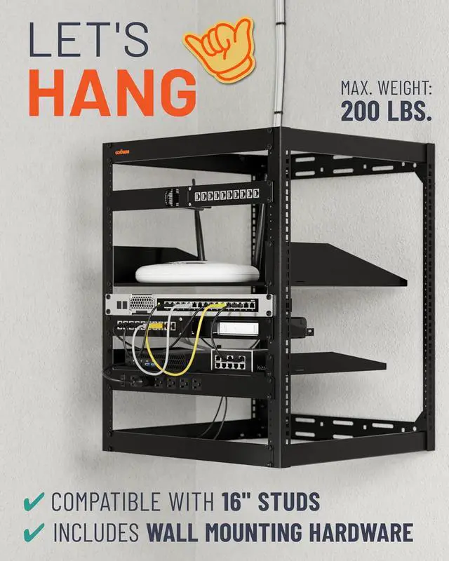 Alt view image 4 of 7 - ECHOGEAR 15U Open Frame Rack for Servers & AV Gear - Wall Mountable Design Includes 2X Vented Shelves, 25x Rack Mounting Screws, 4X Leveling Feet, 4X Shelf Stops, & 2X Securement Straps