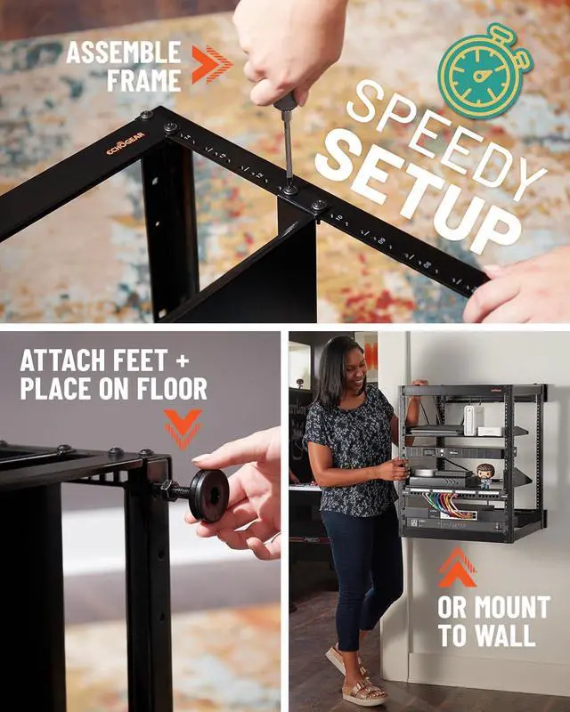 Alt view image 6 of 7 - ECHOGEAR 15U Open Frame Rack for Servers & AV Gear - Wall Mountable Design Includes 2X Vented Shelves, 25x Rack Mounting Screws, 4X Leveling Feet, 4X Shelf Stops, & 2X Securement Straps