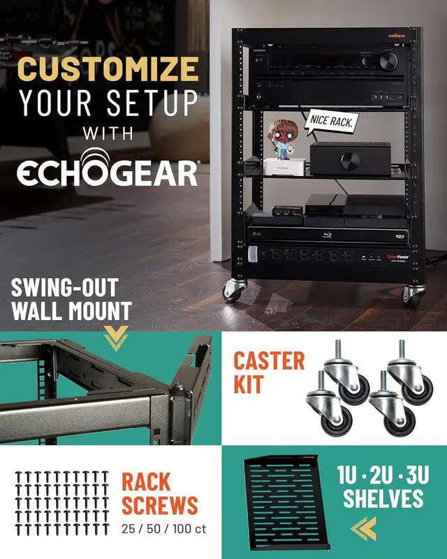 Alt view image 7 of 7 - ECHOGEAR 15U Open Frame Rack for Servers & AV Gear - Wall Mountable Design Includes 2X Vented Shelves, 25x Rack Mounting Screws, 4X Leveling Feet, 4X Shelf Stops, & 2X Securement Straps
