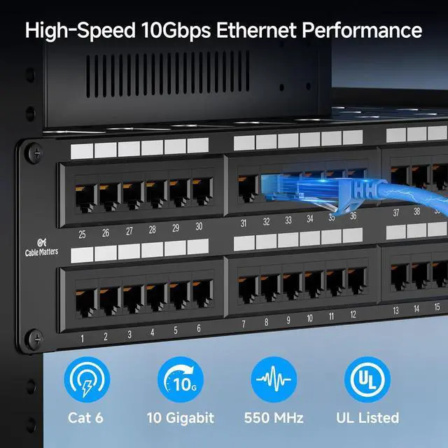Alt view image 2 of 7 - Cable Matters [UL Listed] 48 Port Patch Panel Rackmount or Wall Mount 19-Inch, 2U Cat6 Network Patch Panel for 10 Gigabit Ethernet, 110 or Krone Impact Tools Compatible