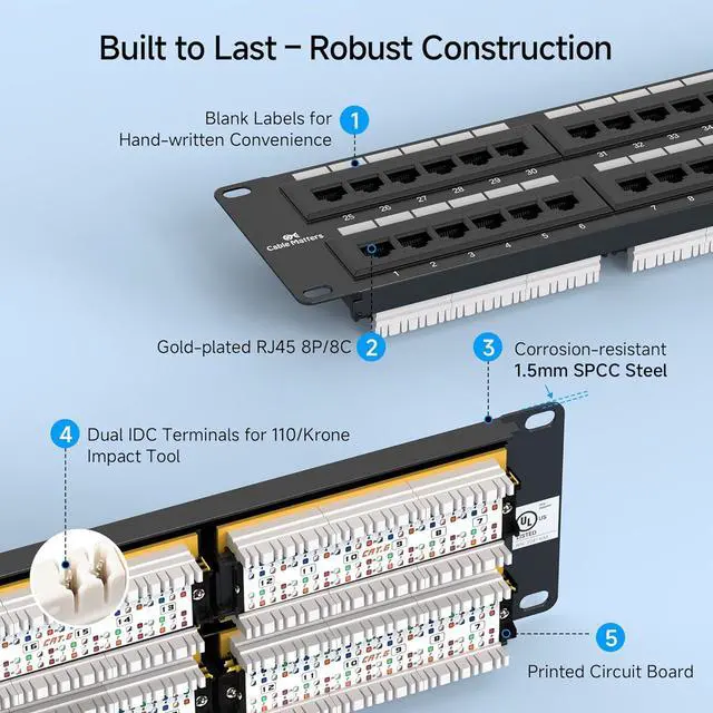 Alt view image 6 of 7 - Cable Matters [UL Listed] 48 Port Patch Panel Rackmount or Wall Mount 19-Inch, 2U Cat6 Network Patch Panel for 10 Gigabit Ethernet, 110 or Krone Impact Tools Compatible