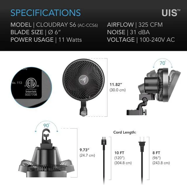 Alt view image 7 of 7 - AC Infinity CLOUDRAY S6, Grow Tent Clip Fan 6 with Redesigned Long-Life EC Motor, Custom 10 Dynamic Wind Speeds and 10-Level Oscillation, Weatherproof IP-54, for Hydroponics Circulation Cooling