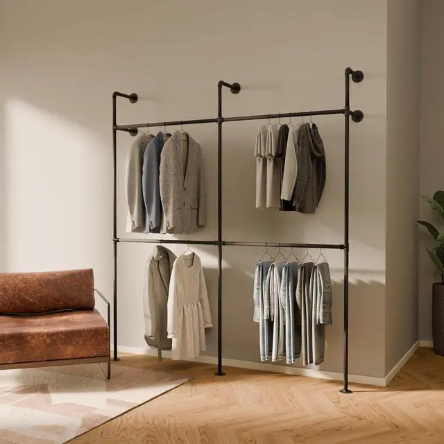 Main image of pamo Industrial Pipe Clothing Rack  Wall Mounted Black Closet System in Powder-Coated Steel  79.13" W × 87.4" H  Easy Setup  Ideal for Walk-In Closets & Retail Use