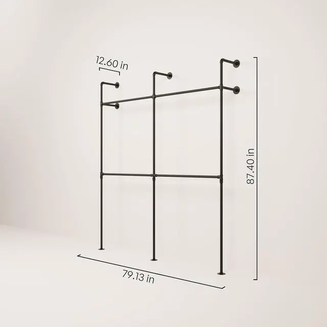 Alt view image 2 of 7 - pamo Industrial Pipe Clothing Rack  Wall Mounted Black Closet System in Powder-Coated Steel  79.13" W × 87.4" H  Easy Setup  Ideal for Walk-In Closets & Retail Use
