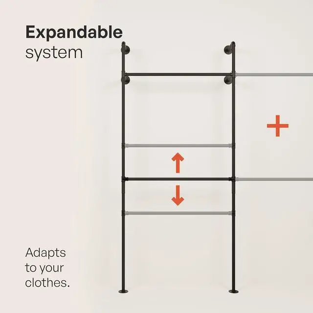 Alt view image 6 of 7 - pamo Industrial Pipe Clothing Rack  Wall Mounted Black Closet System in Powder-Coated Steel  79.13" W × 87.4" H  Easy Setup  Ideal for Walk-In Closets & Retail Use