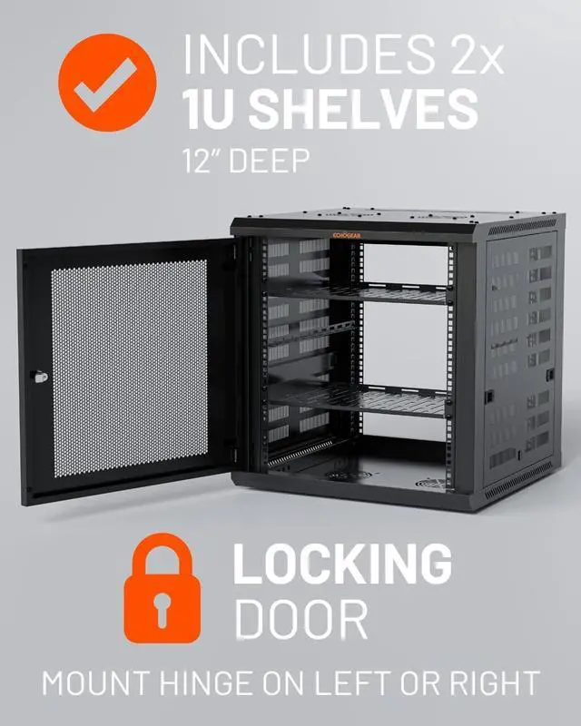 Alt view image 3 of 7 - ECHOGEAR 12U Network Rack - Enclosed Wall Mount Rack Kit Includes 2X 1U Shelves, Pre-Mounted Fan, Lockable Door & Hardware - 600mm Depth Fits All Your AV Gear