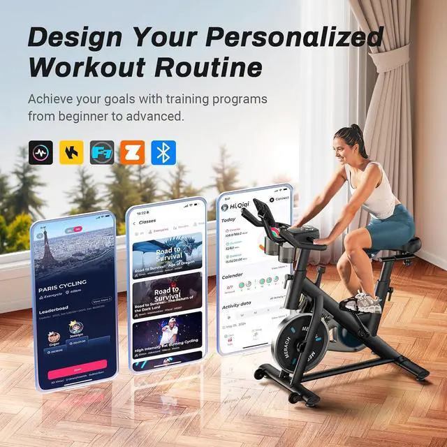 Alt view image 2 of 7 - MERACH Exercise Bike, Brake Pad Stationary Bike with Exclusive App, Low Noise Indoor Cycling Bike with 300lbs Weight Capacity, Tablet Mount and Fitness Courses for Weight Loss
