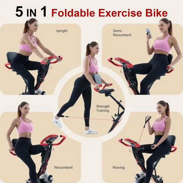 Alt view image 3 of 7 - BARWING Stationary Exercise Bike for Home Workout, 5 IN 1 Foldable Indoor Cycling Bike for Seniors, 350LB Capacity, 16-Level Magnetic Resistance, Seat Backrest Adjustments