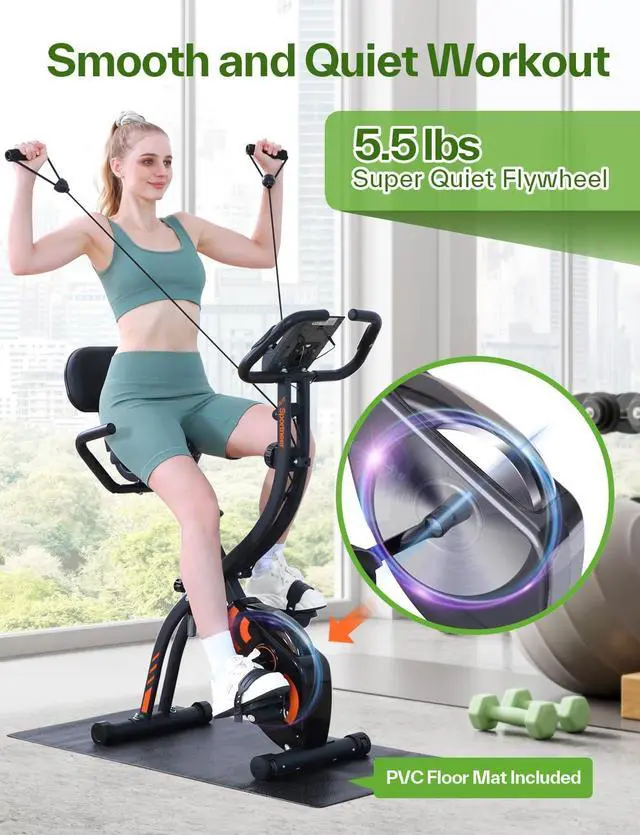 Alt view image 3 of 7 - Foldable Exercise Bike Stationary Bike, Sportneer 4 in 1 Indoor Cycling Bike with 16 Level Magnetic Resistance Training Bike with Arm Resistance Band PVC Floor Mat Fitness Bike for Home Gym Workout