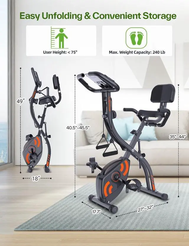 Alt view image 5 of 7 - Foldable Exercise Bike Stationary Bike, Sportneer 4 in 1 Indoor Cycling Bike with 16 Level Magnetic Resistance Training Bike with Arm Resistance Band PVC Floor Mat Fitness Bike for Home Gym Workout