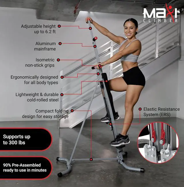 Alt view image 4 of 7 - MaxiClimber 2.0 Vertical Climber ERS (Elastic Resistance System) - Easy to Assemble, Folding Exercise Machine Combines Cardio & Strength Training for a Low Impact, Full Body Workout - Free Fitness App