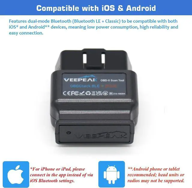 Alt view image 3 of 7 - Veepeak OBDCheck BLE+ Bluetooth OBD II Scanner Wireless Car Diagnostic Scan Tool Check Engine Code Reader for iOS & Android