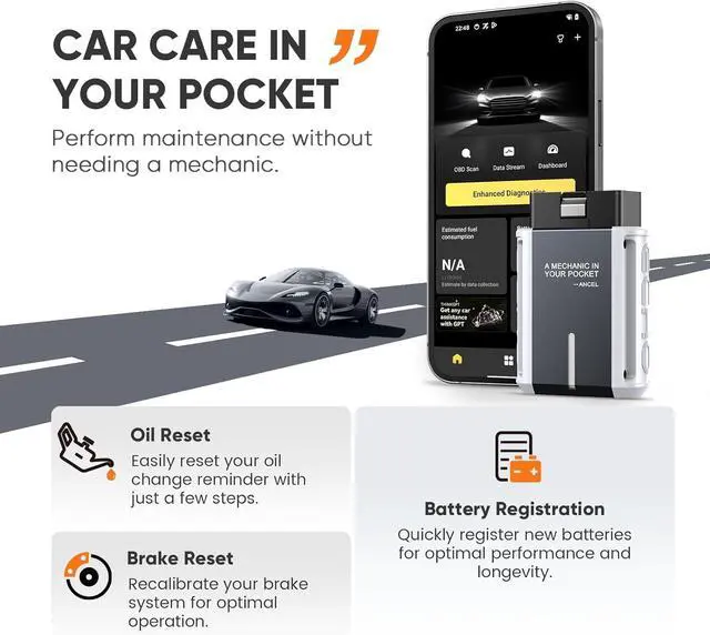 Alt view image 4 of 7 - ANCEL Echo OBD2 Scanner Bluetooth - All Systems Code Reader, Car Diagnostic Tool for iOS Android, Vehicle Scanner for Oil Light & Brake Reset, Battery Registration - Bidirectional Scan Tool, Live Data
