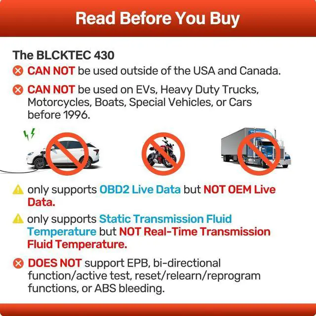 Alt view image 4 of 5 - BLCKTEC 430 Bluetooth OBD2 Scanner for iPhone & Android, No Subscription Fee, OBDII Car Code Reader, Diagnose Check Engine, ABS, SRS, Airbag, Supports 1996-2023 Vehicles, App only works in USA &Canada