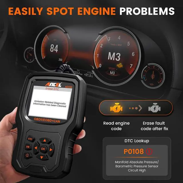 Alt view image 3 of 7 - ANCEL AD530 OBD2 Scanner Diagnostic Tool, Universal Check Engine Code Reader with Live Data, Car Diagnostic Tool with Upgraded Battery Tester & All OBD2 Functions for 1996+ Vehicles, Upgraded AD310
