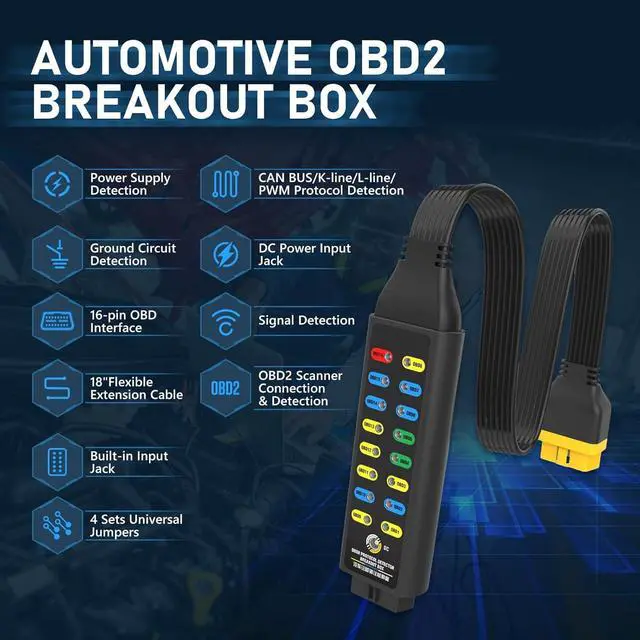 Alt view image 2 of 7 - OBD2 Breakout Box, Automotive OBDII Protocol Detector Communication/Power/Ground Detection Breakout Box 16-Pin CAN 17.7 inches Cable Fault Diagnosis Scan Tool with Universal Wire Jumper and Clips