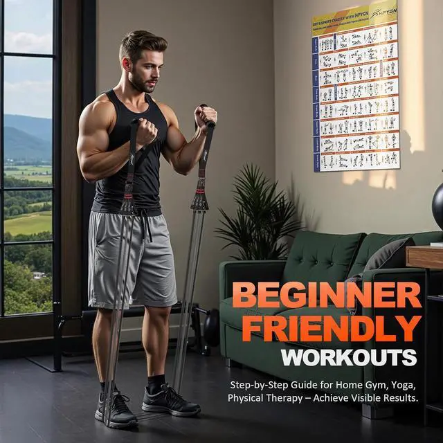Alt view image 5 of 7 - HPYGN Resistance Bands, Exercise Bands with Handles, Fitness Bands, Workout Bands with Door Anchor and Ankle Straps, for Heavy Resistance Training, Physical Therapy, Shape Body, Yoga, Home Workout Set