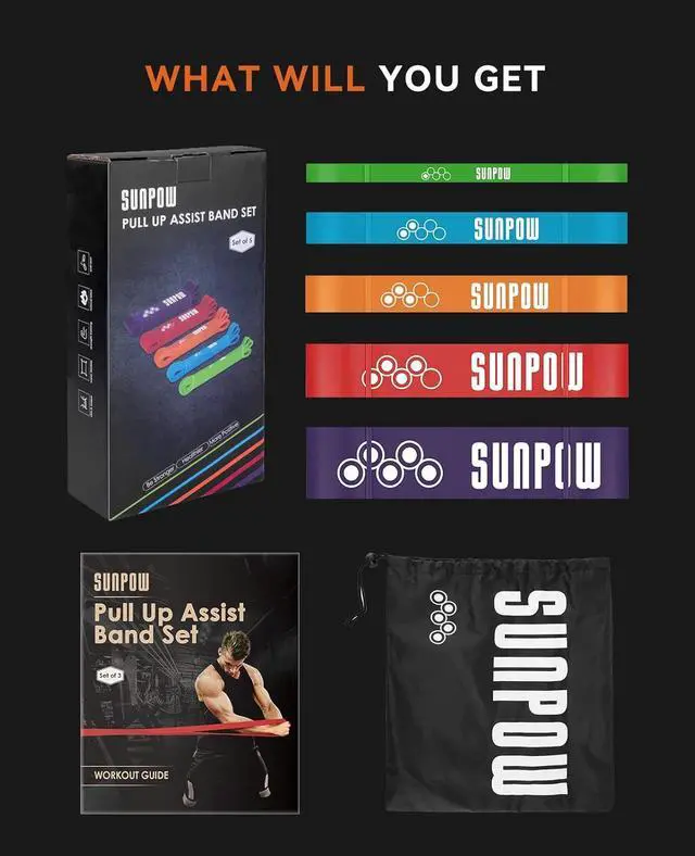Alt view image 7 of 7 - SUNPOW Pull Up Assistance Bands - Set of 5 Resistance Heavy Duty Workout Exercise Stretch Fitness Bands Assist Set for Body, Instruction Guide and Carry Bag Included