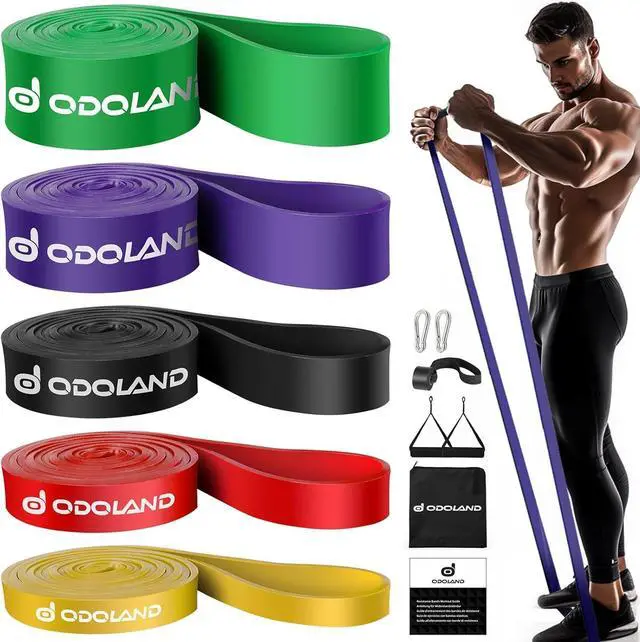 Alt view image 2 of 7 - Odoland 5 Packs Pull Up Assist Bands, Pull Up Straps, Resistance Bands with Door Anchor and Handles, Stretch Mobility, Powerlifting and Extra Durable Exercise Bands with eGuide