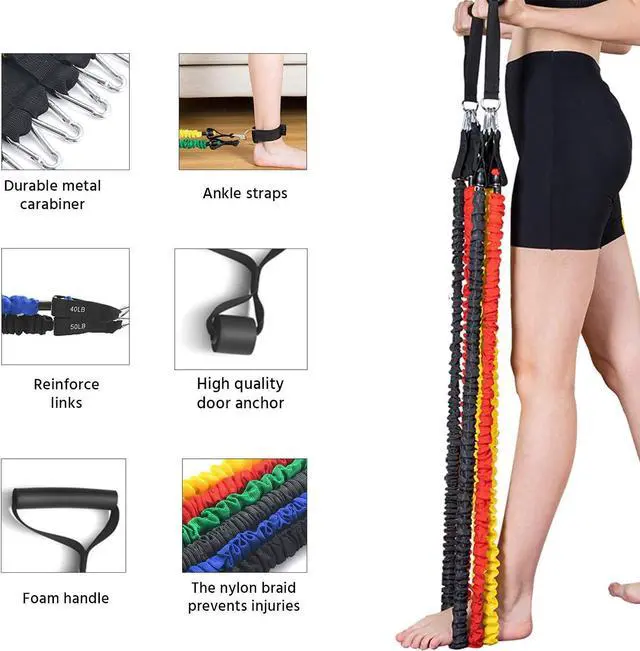 Alt view image 4 of 6 - EILISON Resistance Band Kit with Heavy Duty Protective Sleeves for Safe Workout and Soft Anti-Slip Foam Handle, Door Anchor, Ankle Strap for Men and Women Stackable