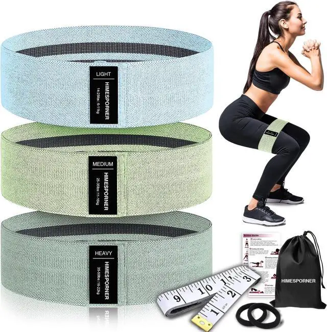 Main image of Wide Fabric Resistance Bands for Working Out, 3 Level Non-Slip Exercise Booty Bands for Women & Men Leg and Glutes with Hair Ties and Tape Measure - for Home Gym Workout, Yoga, Pilates