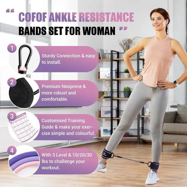 Alt view image 2 of 7 - Ankle Resistance Bands With Cuffs for Working Out, Kickbacks, Hip, Leg and Glute Exercise - Training Poster Included - for Women