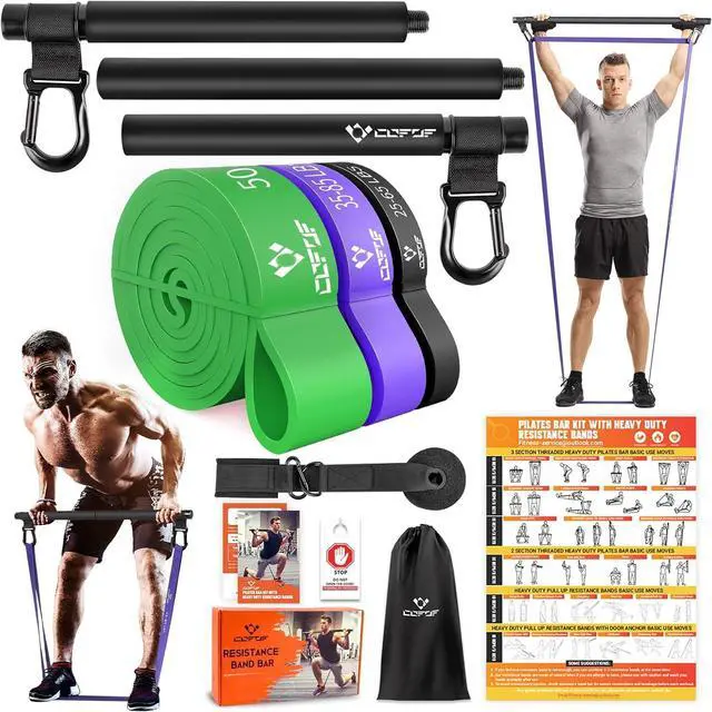 Main image of Portable Heavy Duty Resistance Bar with 3 Resistance Bands, Pilates Bar with Pull Up Bands & Training Poster, Yoga Pilates Equipment for Home Gym