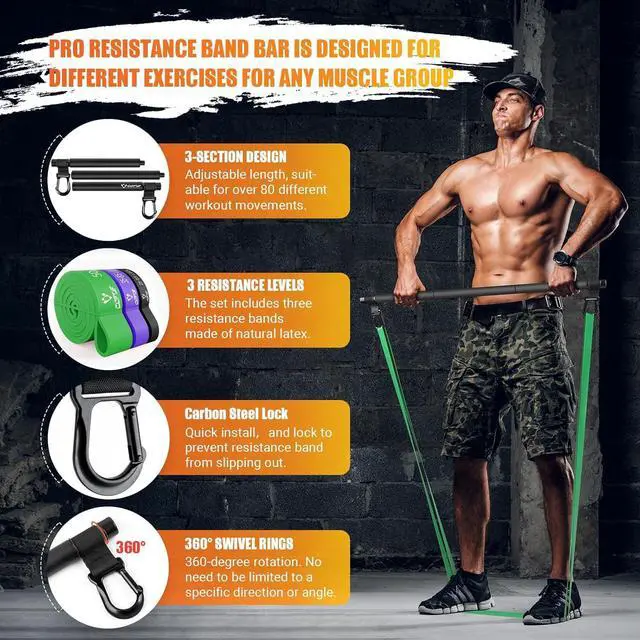 Alt view image 2 of 7 - Portable Heavy Duty Resistance Bar with 3 Resistance Bands, Pilates Bar with Pull Up Bands & Training Poster, Yoga Pilates Equipment for Home Gym