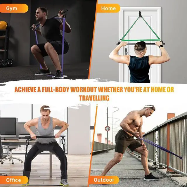 Alt view image 7 of 7 - Portable Heavy Duty Resistance Bar with 3 Resistance Bands, Pilates Bar with Pull Up Bands & Training Poster, Yoga Pilates Equipment for Home Gym