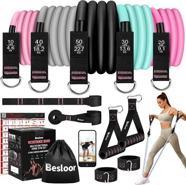 Main image of Resistance Band Set. Exercise Bands with Handles, Door Anchor and Ankle Strap. Home Gym, Supports Full-Body Workouts - with Training Guide and Fitness Video