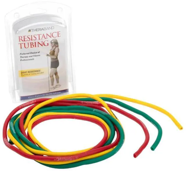 Main image of THERABAND Resistance Tubes, Professional Latex Elastic Tubing, Upper & Lower Body, Core Exercise, Physical Therapy, Lower Pilates, At-Home Workouts, & Rehab, 5 Foot, Yellow, Red, & Green, Beginner Set