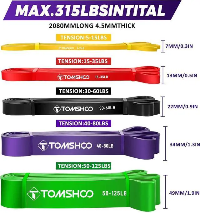 Alt view image 4 of 7 - TOMSHOO 5 Packs Pull up Assist Bands, Resistance Bands with Straps Handles and Door Anchor, Stretch Bands,Exercise Bands with Guide for Fitness