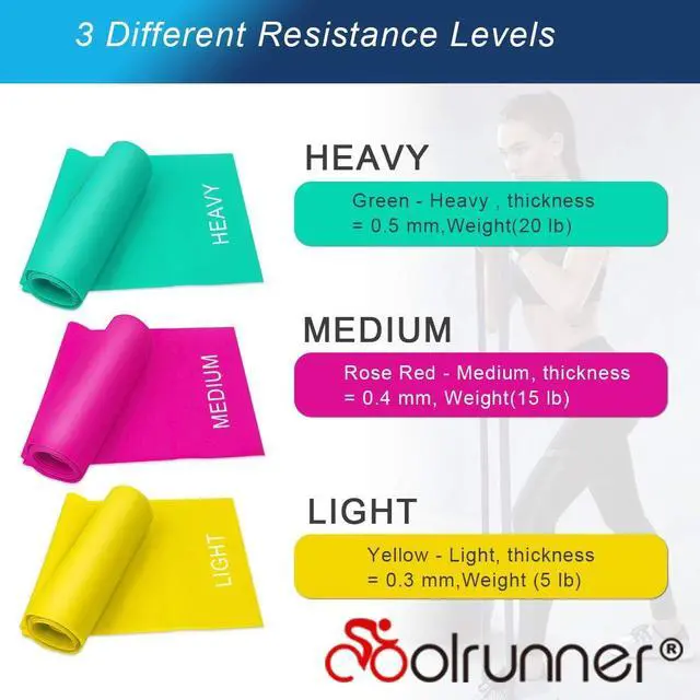 Alt view image 2 of 7 - Coolrunner 7FT. Long Latex Free Elastic Flat Exercise Band Set of 3 with Carry Bag, Wide Fitness Resistance Bands for Pilates, Gym, Physical Therapy, Yoga, Carry Bag, Green & Yellow & Rose Red